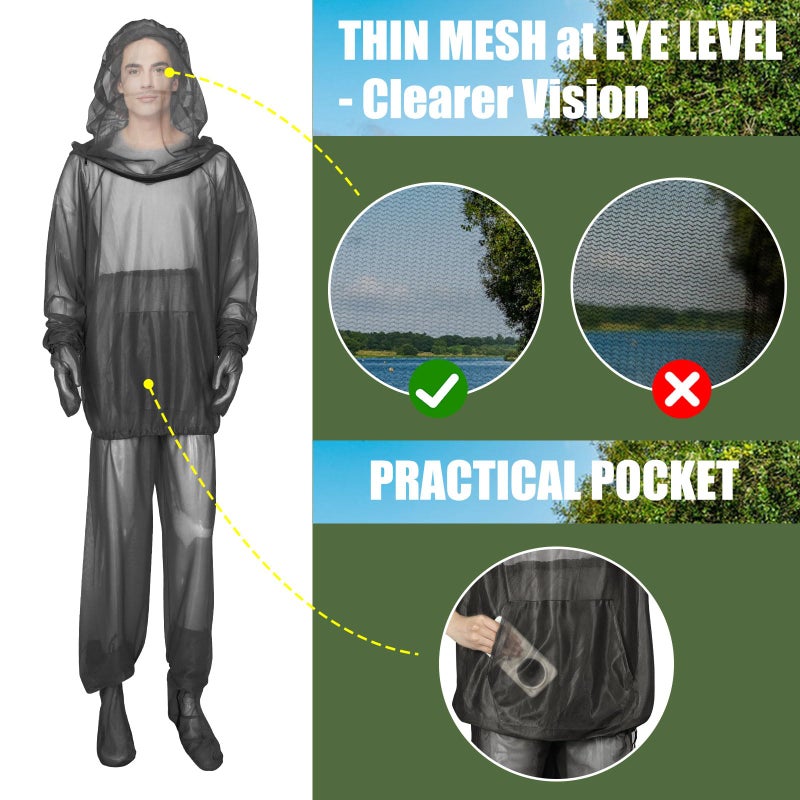 HOMEYA Bug Jacket S/M, Anti Mosquito Netting Suit with Zipper on Hood Ultra-fine Mesh Pants Mitt Socks with Free Carry Pouch for Protecting Hunting Fishing Men Women - Image 4